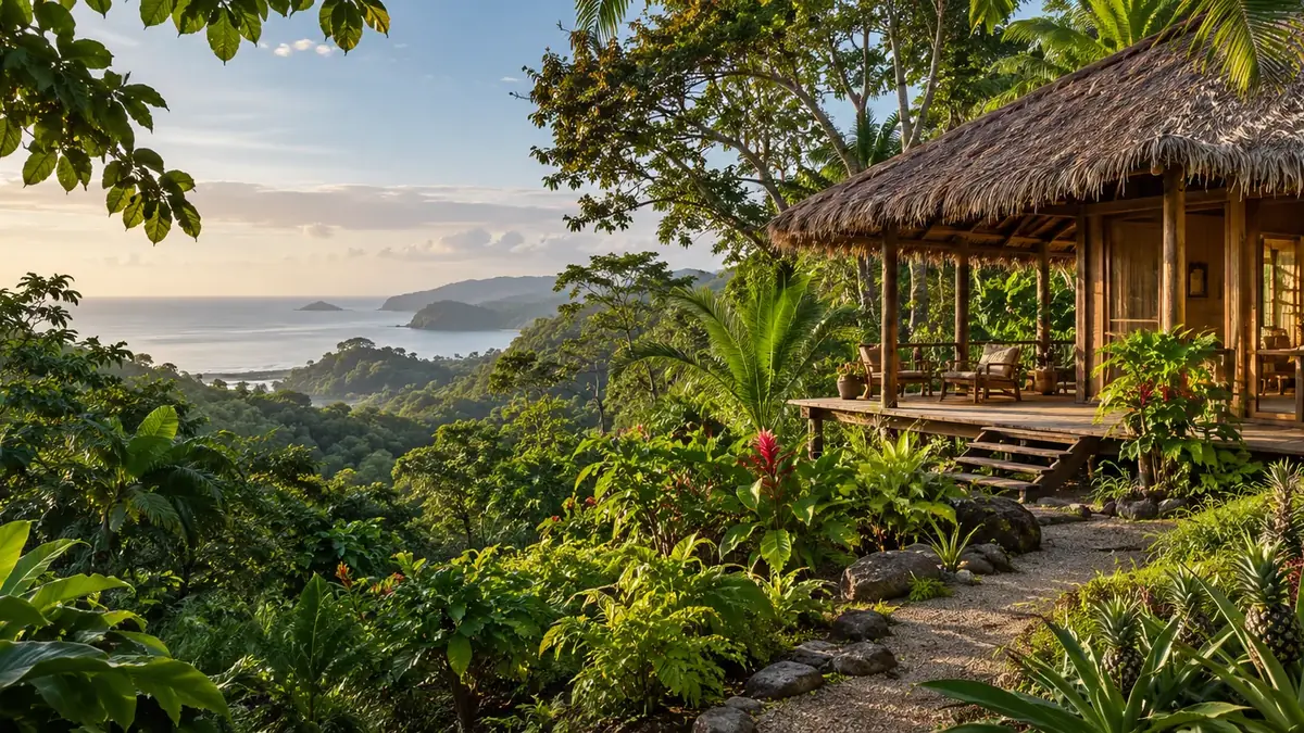 Cabane au toit de palmes dans la végétation tropicale, au-dessus du Pacifique (image de concept)